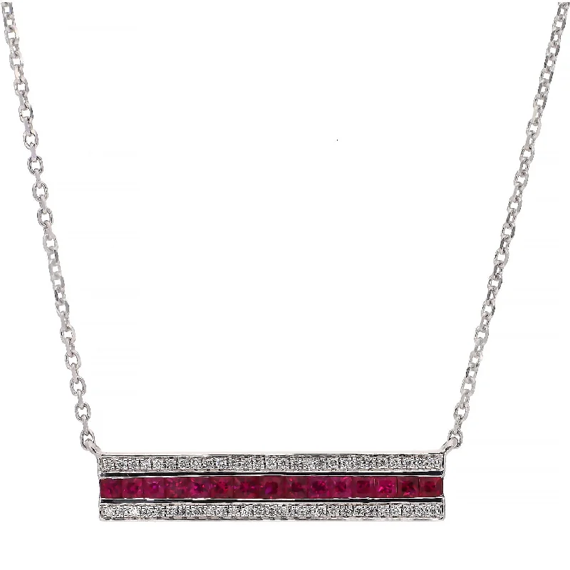 women's necklaces moonstone charm -14K White Gold Diamond and Ruby Bar Station Necklace