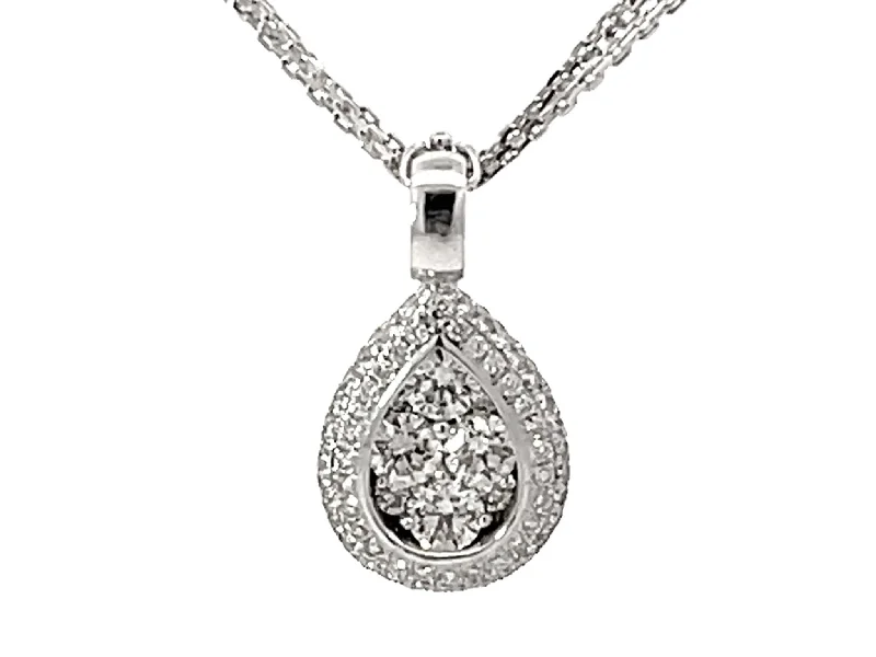 women's necklaces anniversary necklace -Pear Shaped Diamond Cluster Halo Pendant Triple Chain Necklace Solid White Gold