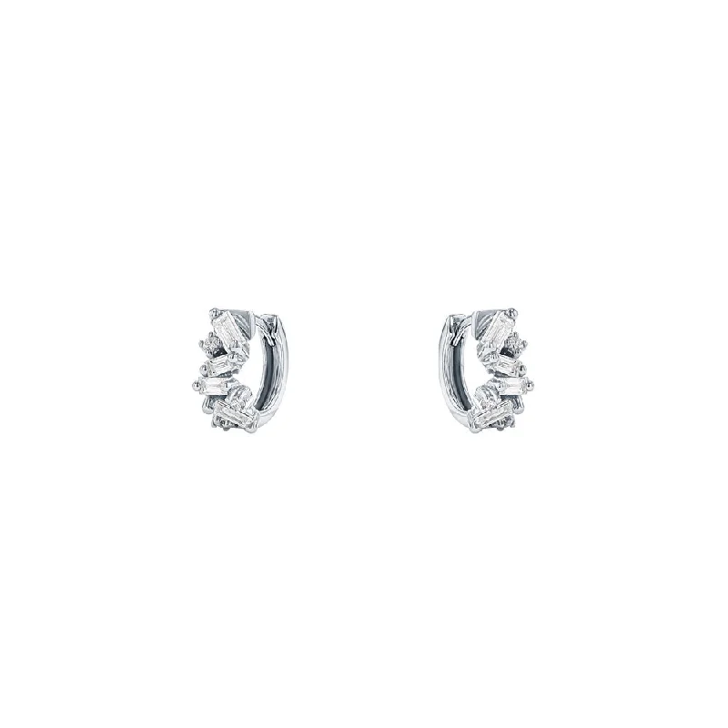 women's earrings waterproof jewelry -18 Karat White Gold huggies with Baguette and Round diamonds