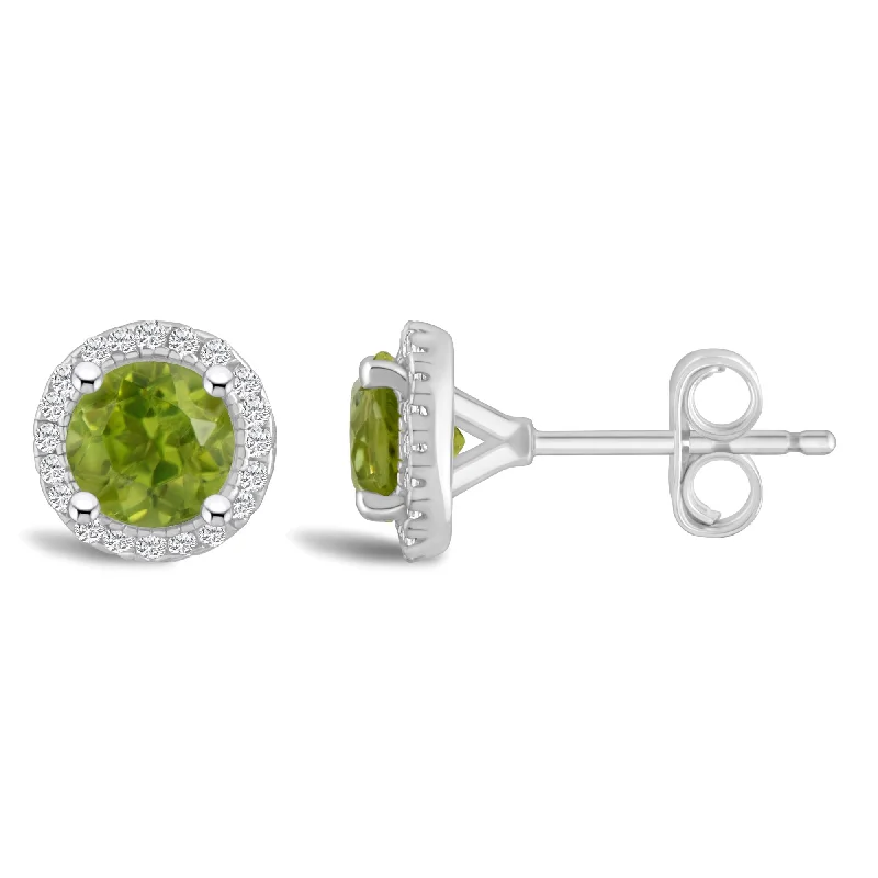 women's earrings cubic zirconia -Round Peridot and Diamond Halo August Birthstone Earrings in Sterling Silver