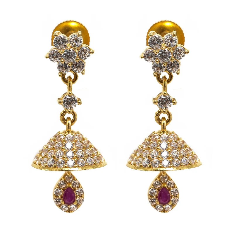 women's earrings celestial theme -22K Yellow Gold JhumkiDrop Earrings W/ CZ Gems, Cluster Flower Studs & Crystallized Design