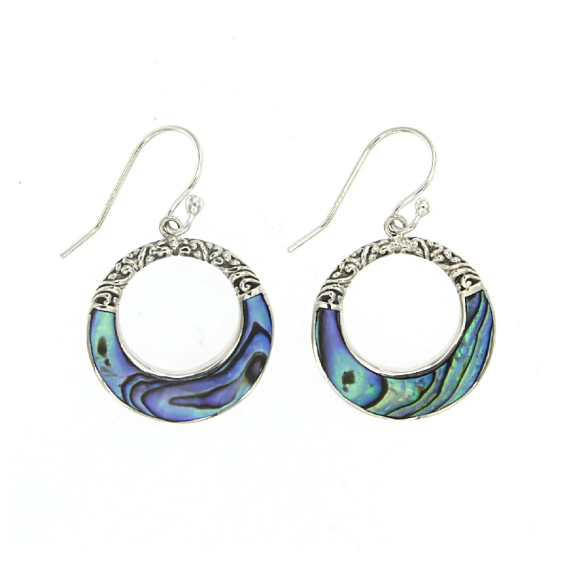 women's earrings dangle design -Round Paua Open Drop Earrings, Sterling Silver