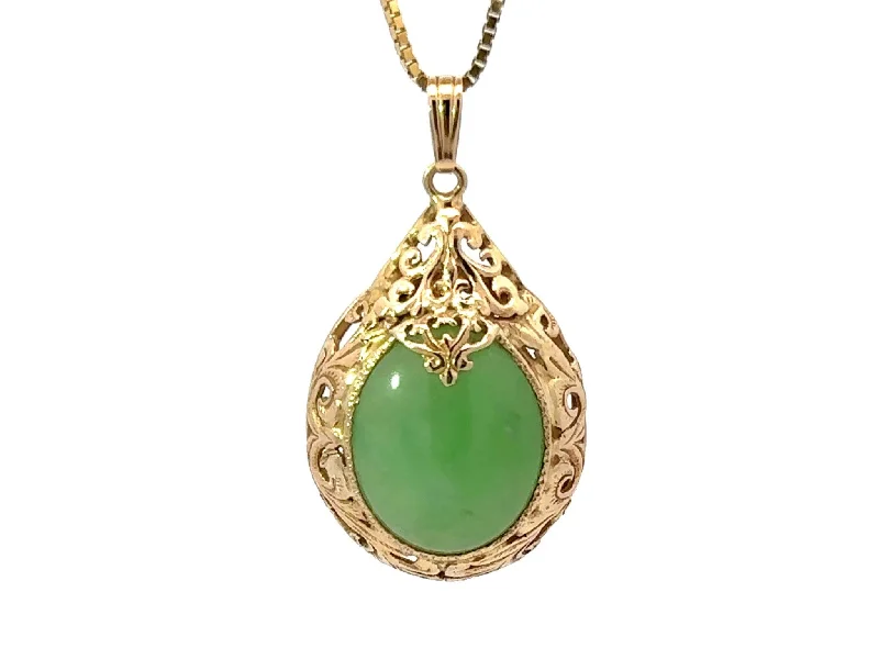 women's necklaces special occasion -Ming's Hawaii Oval Green Jade Cabochon Pear Shaped Necklace 14k Yellow Gold