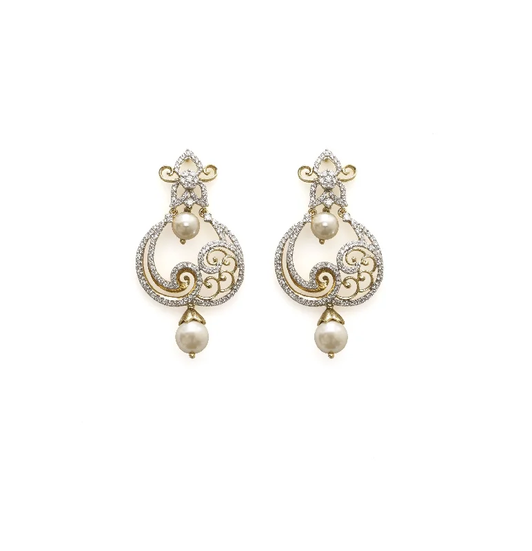 women's earrings vintage style -18K Yellow Gold Diamond Chand Bali Earrings W/ 1.49ct VS Diamonds, Pearls & Paisley Design