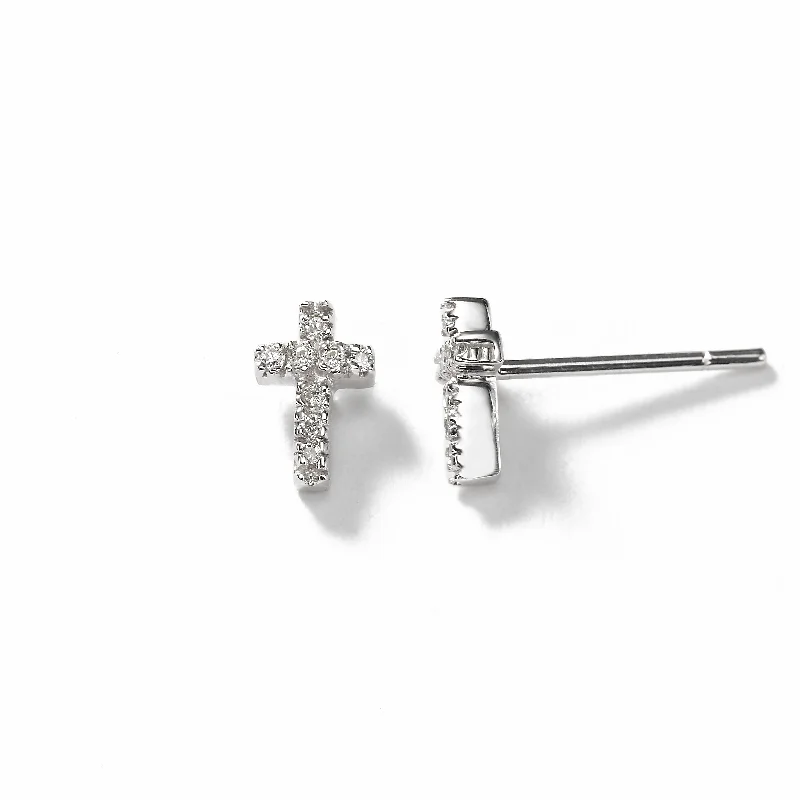 women's earrings anniversary gift -Small Diamond Cross Earrings, 14K White Gold