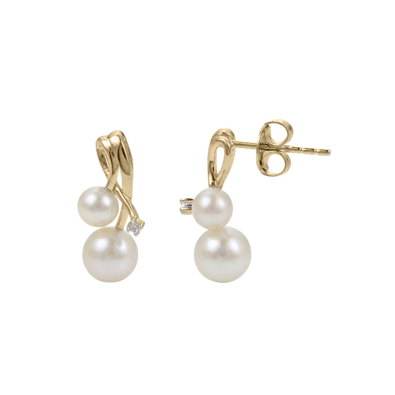 women's earrings perfect for gifting -Double Pearl and Diamond Drop Earrings, 14K Yellow Gold