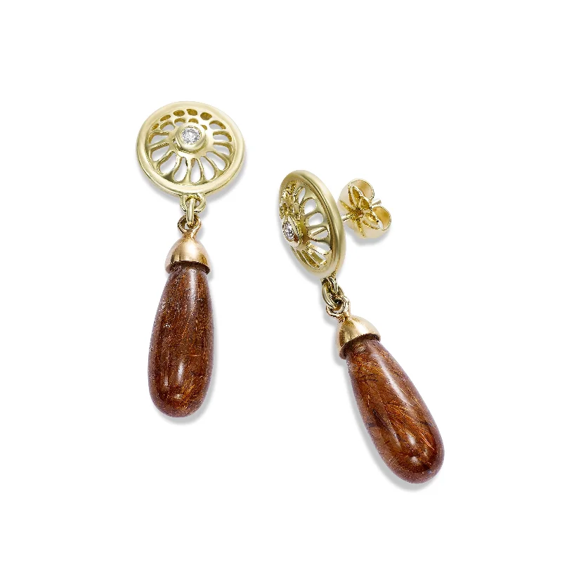 women's earrings trendy wide hoop -Rutilated Quartz Cabochon Drop Earrings, 18K Yellow Gold