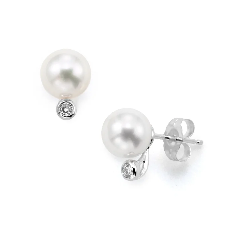 women's earrings moissanite -Akoya Cultured Pearl and Bezel Set Diamond Earrings, 14K White Gold