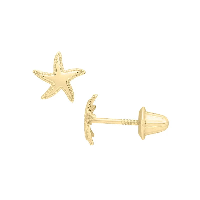 women's earrings elegant crown shape -Petite Starfish Earrings, 14K Yellow Gold