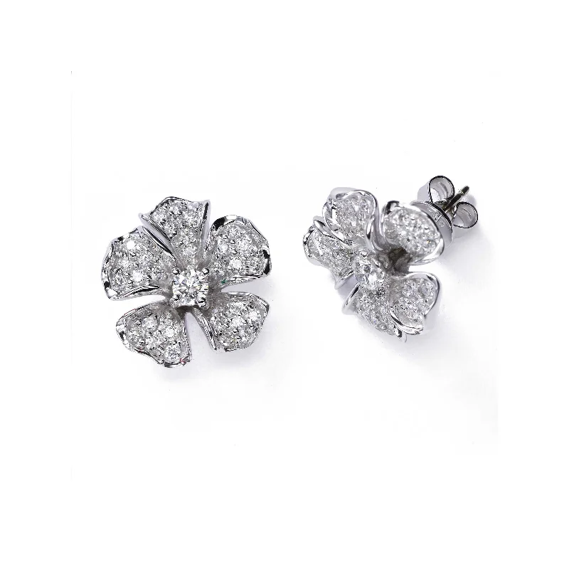 women's earrings delicate and dainty -Magnolia Collection Diamond Flower Earrings, 14K White Gold