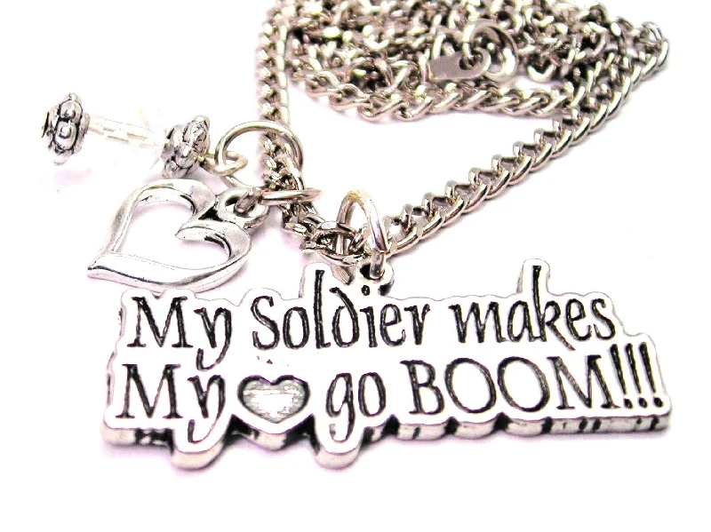 women's necklaces silver -My Soldier Makes My Heart Go Boom Necklace with Small Heart