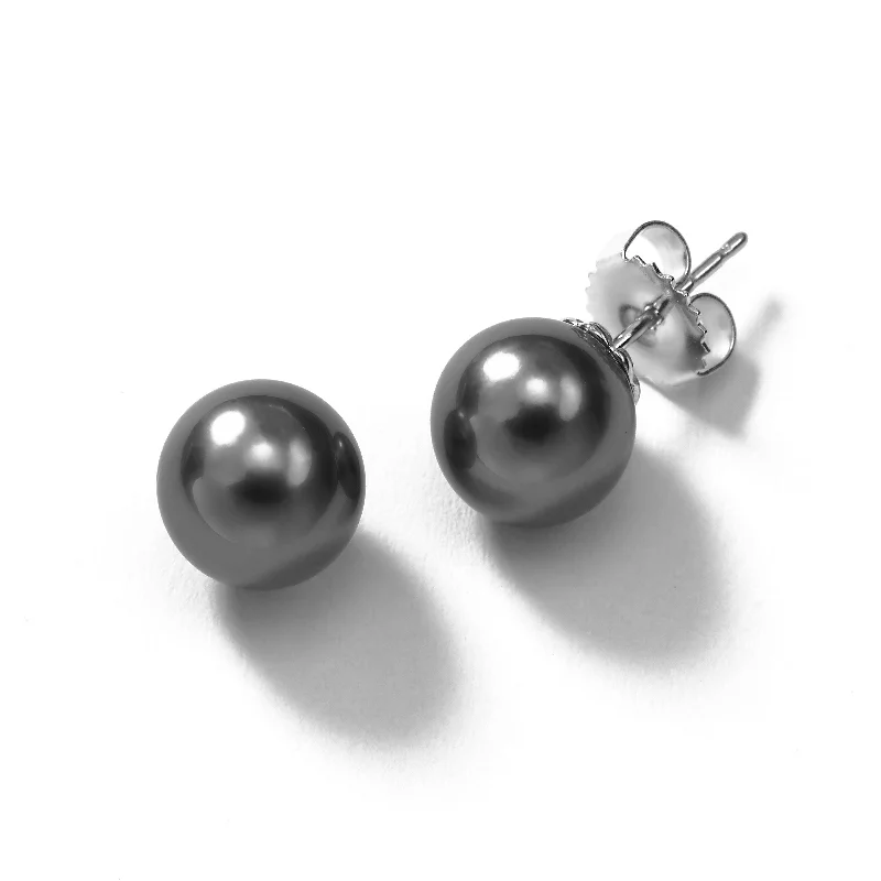 women's earrings emerald -Dark Grey Freshwater Pearl Earrings, 8.5 MM, 14K White Gold