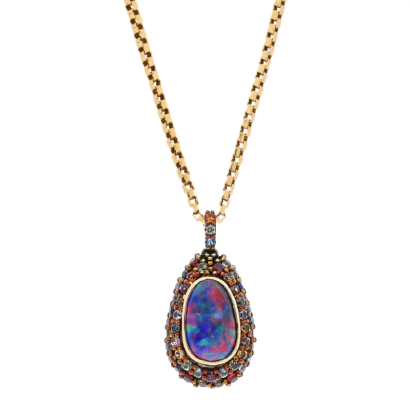 women's necklaces fashion-forward layering -14K Black Rhodium Yellow Gold Black Opal and Multi-Colored Sapphire Custom Design Pendant Necklace