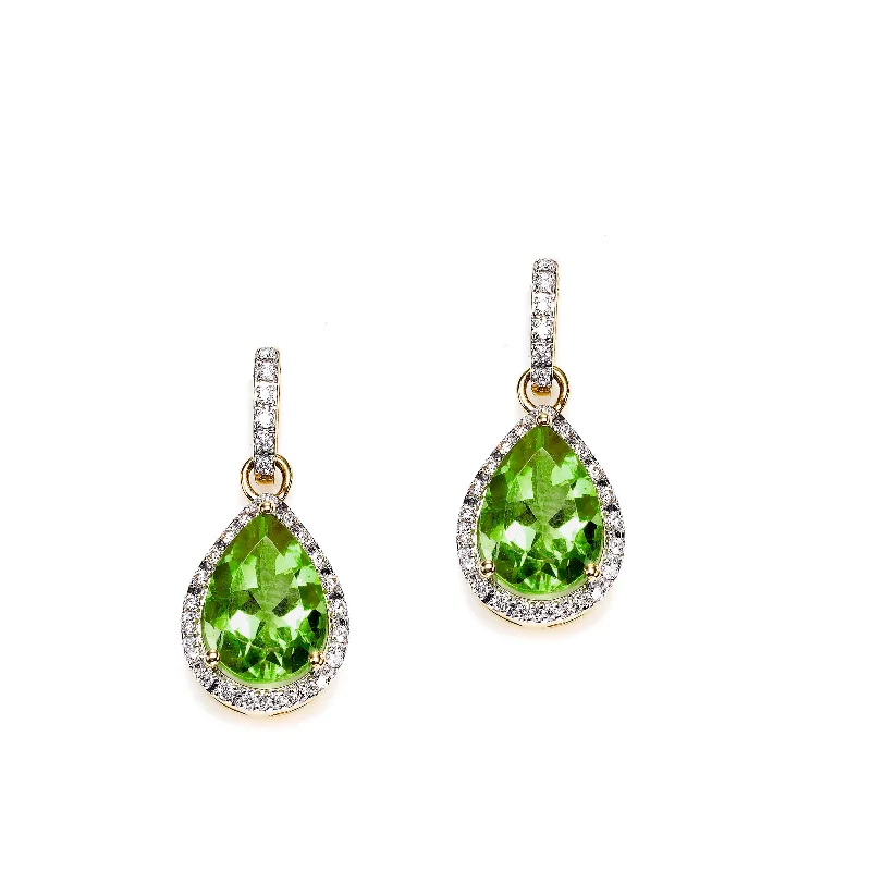 women's earrings delicate and elegant -Pear Shape Peridot and Diamond Drop Earrings, 14K Yellow Gold