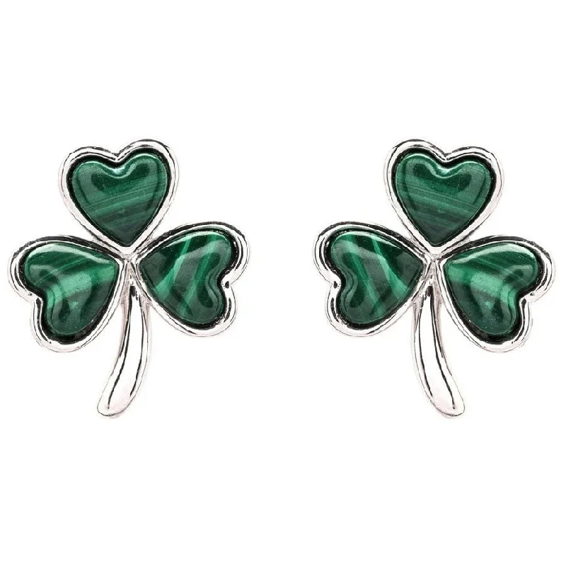 women's earrings chandelier style -Sterling Silver Malachite Shamrock stud Earrings SE2339