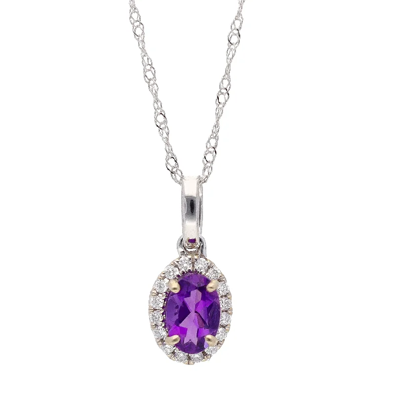 women's necklaces perfect for gifting -14K White Gold Oval Amethyst w/Diamond Halo 16" Necklace