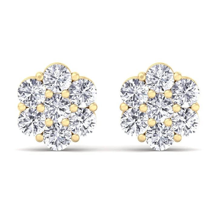 women's earrings ear cuff -Yellow Gold 1CTW Diamond Flower Earrings