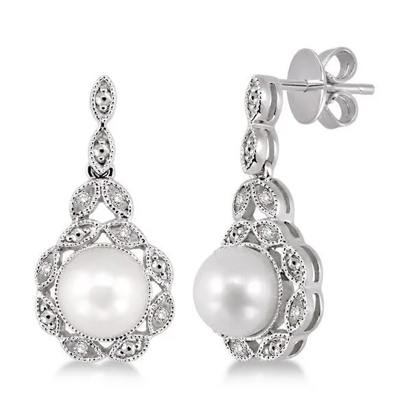 women's earrings diamond -Sterling Silver 1/20ctw Diamond and Pearl Earrings