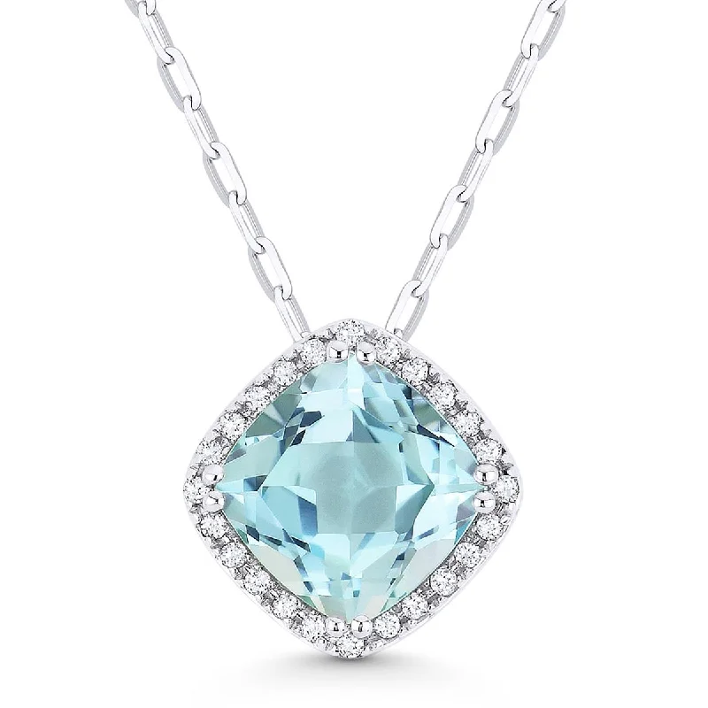 women's necklaces locket style -WHITE GOLD PENDANT NECKLACE WITH CUSHION CUT BLUE TOPAZ, .07 CT TW