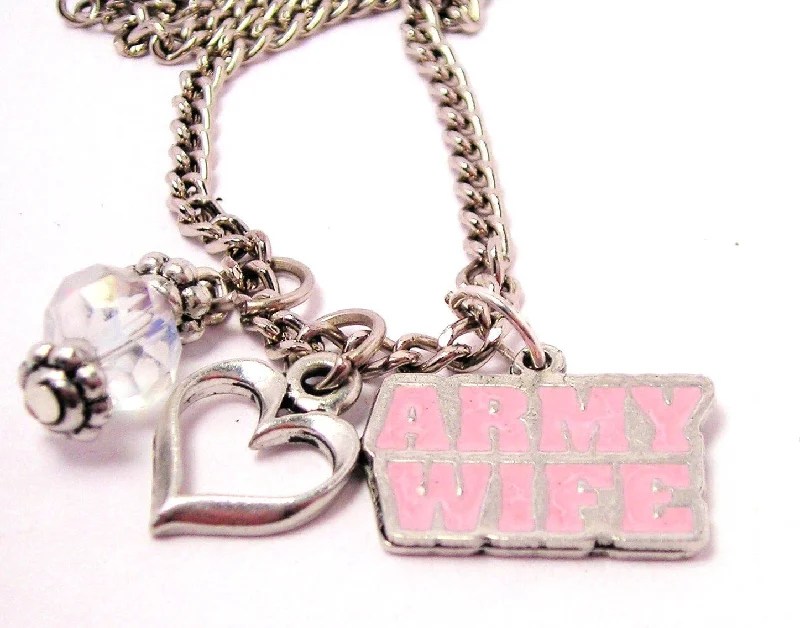 women's necklaces classic elegance -Hand Painted Army Wife Pink Necklace with Small Heart