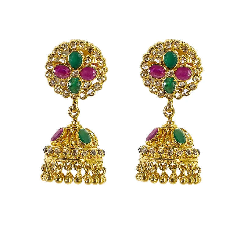 women's earrings celestial moon and stars -22K Yellow Gold Uncut Diamond Jhumki Earrings W/1.21ct Uncut Diamonds, Emeralds & Rubies