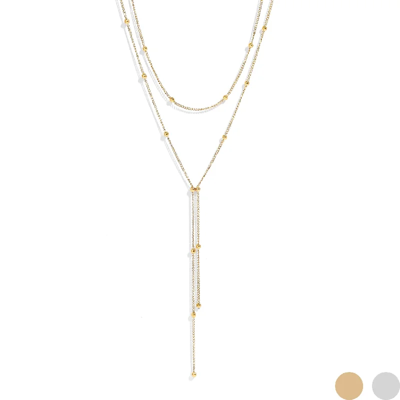 women's necklaces infinity love design -18K Gold PVD Stainless Steel Lariat Necklace Double Ball Bead / CHN0061