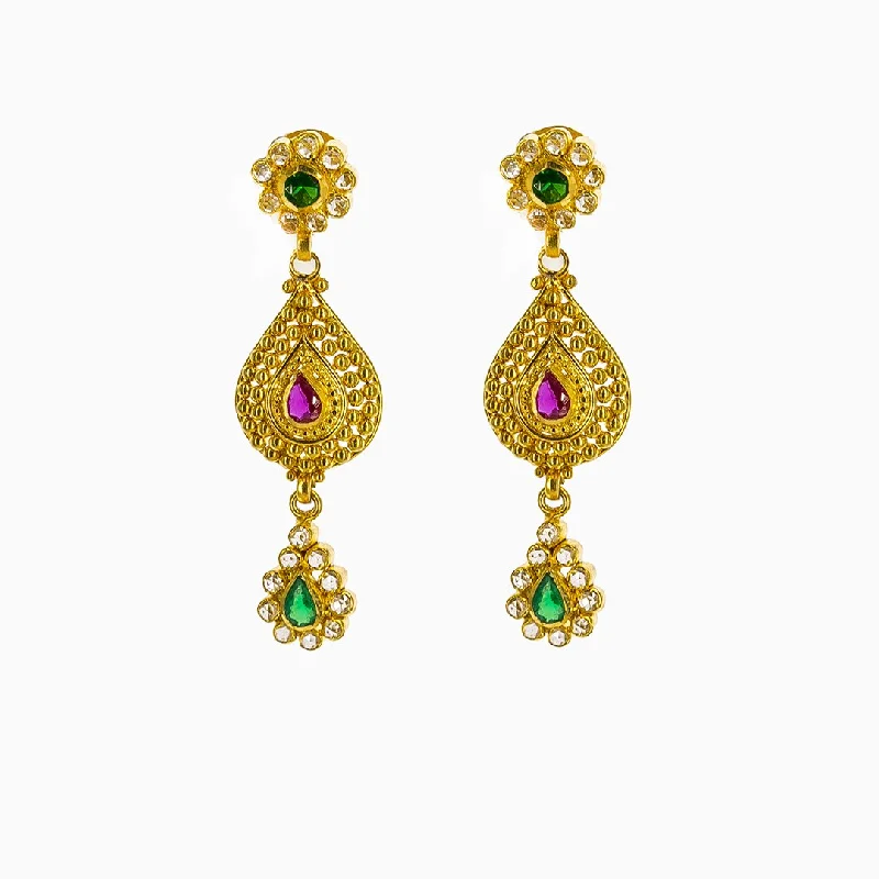 women's earrings infinity symbol -22K Yellow Gold Drop Earrings W/ Rubies, Emeralds, CZ Gems & Teardrop Pendants