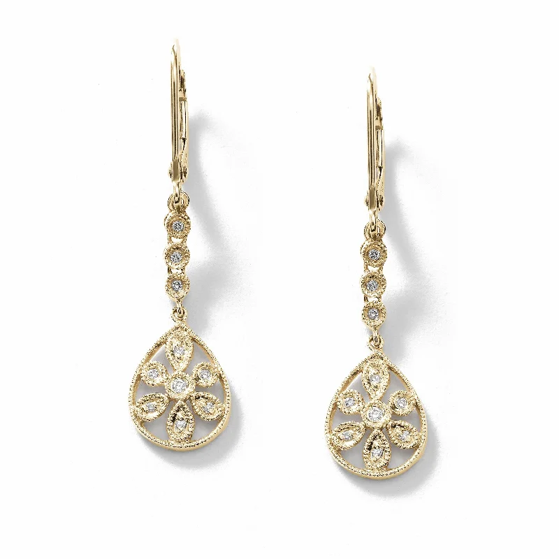 women's earrings pearl -Diamond Flower Dangle Earrings, 14K Yellow Gold