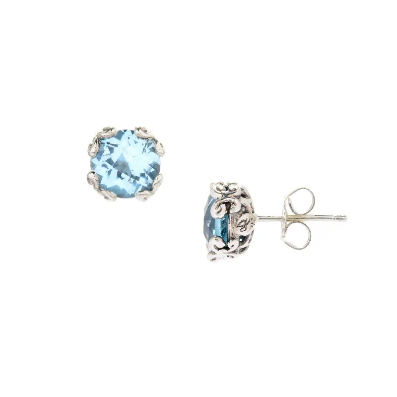 women's earrings emerald -Round Blue Topaz Stud Earrings, Sterling Silver