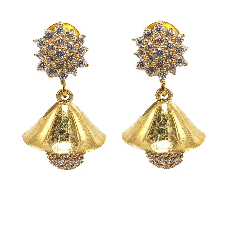 women's earrings anniversary gift -22K Yellow Gold JhumkiDrop Earrings W/ CZ Gems, Clustered Flowers & Semi-Polished Drop, Size 0.9