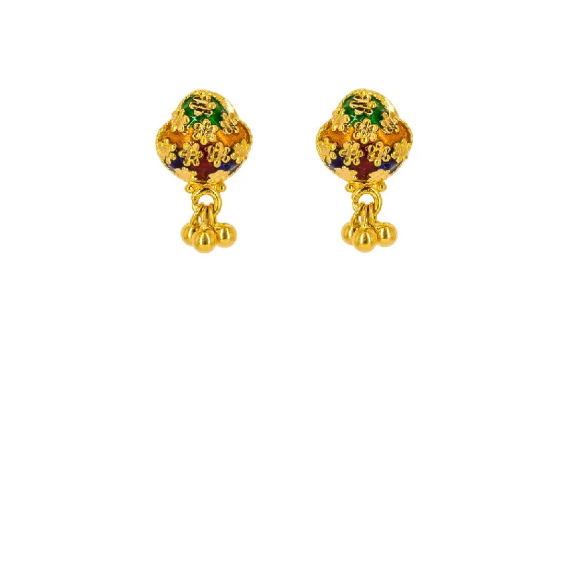 women's earrings handcrafted statement -22K Yellow Gold Earrings W/ Enamel Paint & Gold Ball Accents