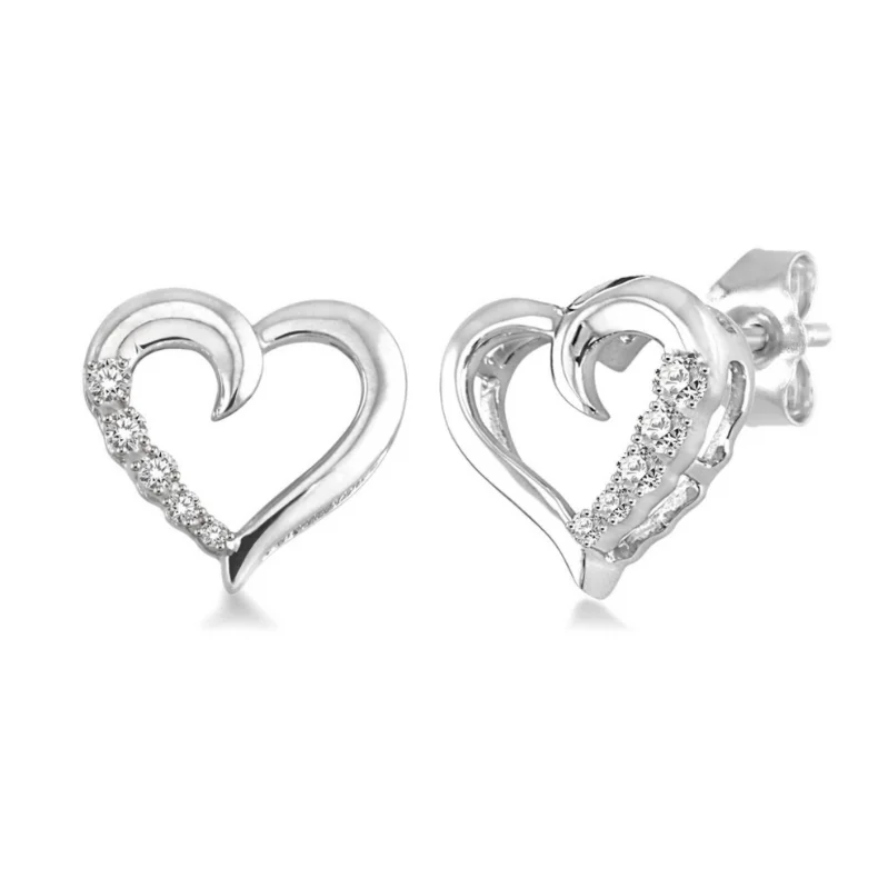 women's earrings diamond -Sterling Silver 1/20 Carat Diamond Heart Earrings