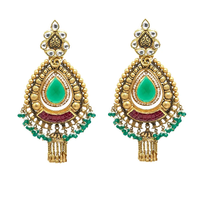 women's earrings handcrafted design -22K Yellow Gold JhumkiDrop Earrings W/ Rubies, Emeralds, Pearls, Kundan & Antique Finish Pendants