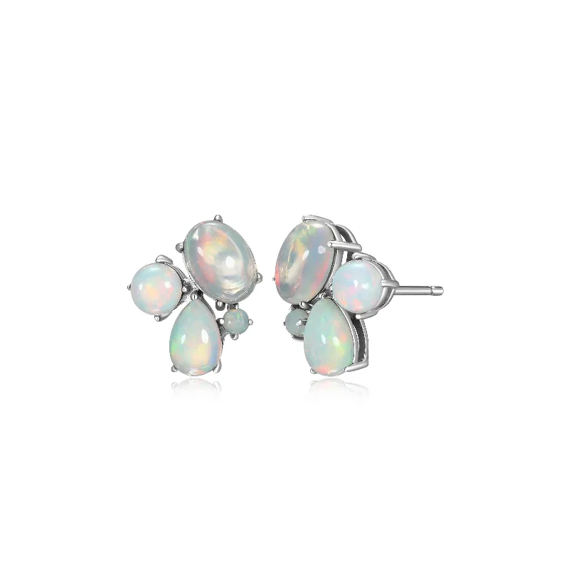 women's earrings Christmas gift -Cabochon Opal Cluster Earrings, Sterling Silver