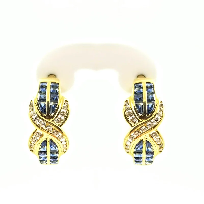 women's earrings vintage-inspired filigree -18 kt Yellow Gold Hoop Earrings with Sapphire and Diamonds