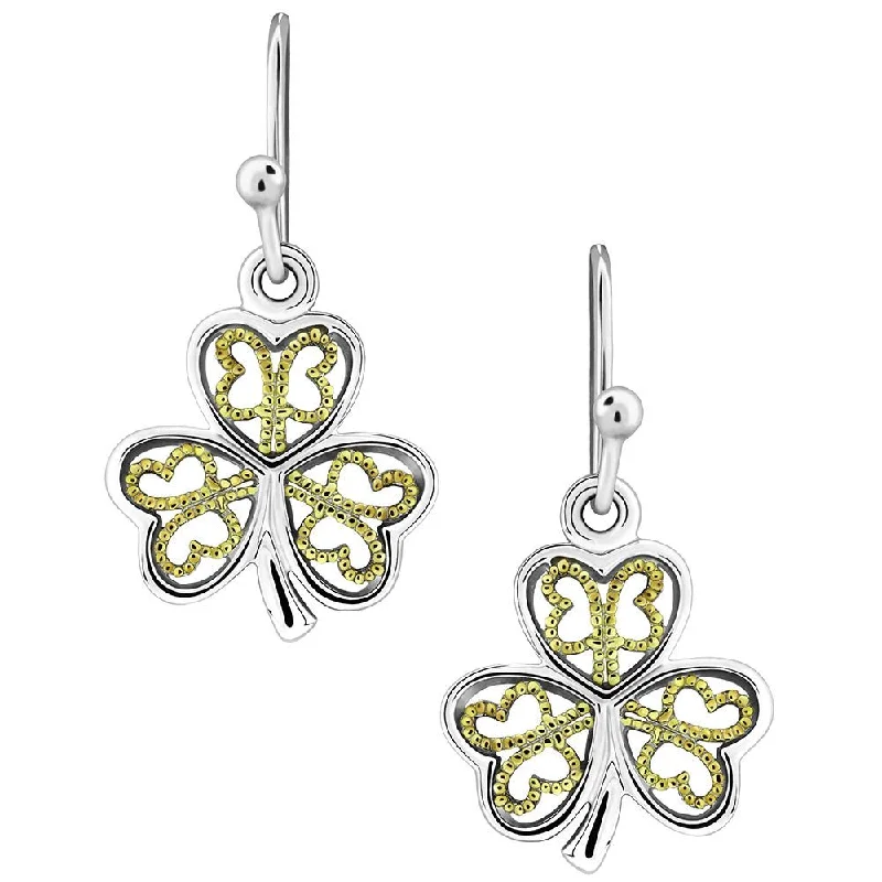 women's earrings luxury diamond cut -Sterling Silver Gold Plated Filigree Shamrock Earrings SE-2052