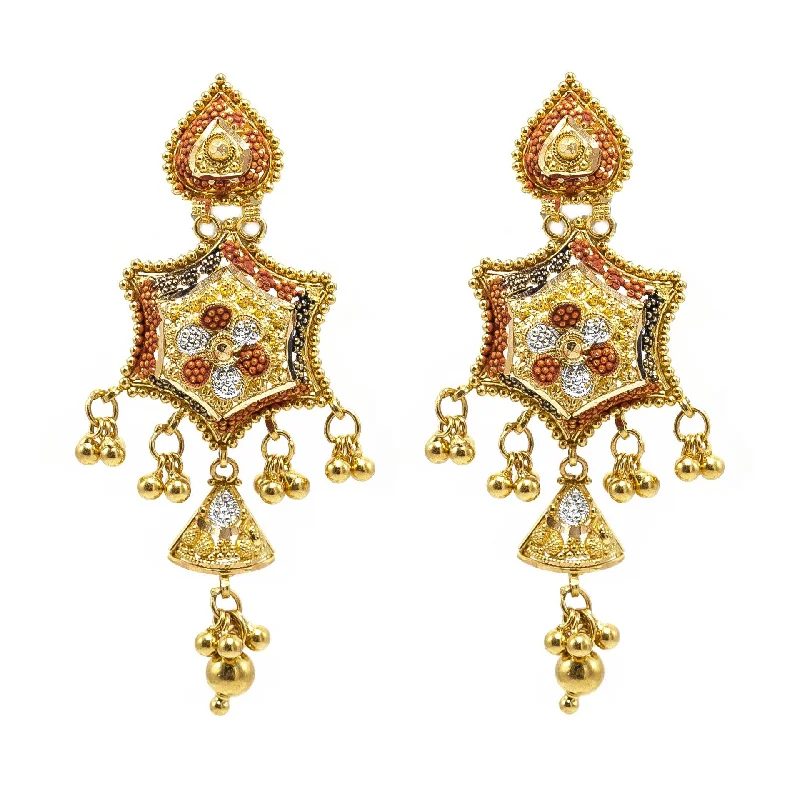 women's earrings heart shape -22K Multi Tone Gold Earrings W/ Meenakari Details & Beaded Filigree on Drop Web Pendants