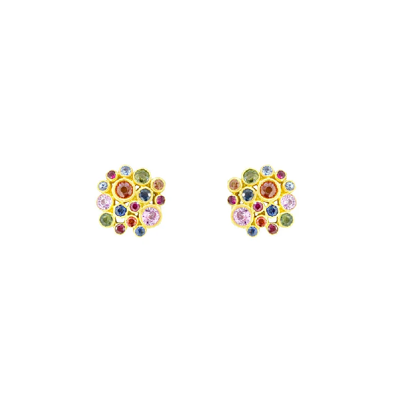 women's earrings glamorous evening wear -18 Karat Matte Yellow Gold Post Earring with Multi Color Sapphire Cluster