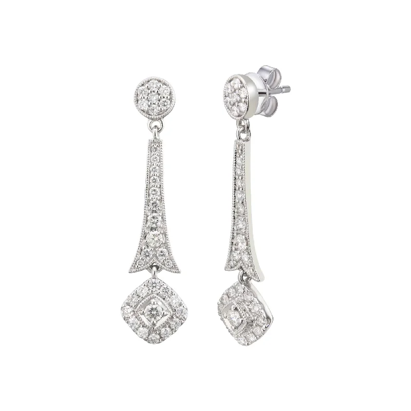 women's earrings hypoallergenic material -Pavé Diamond Deco Style Dangle Earrings, 14K White Gold