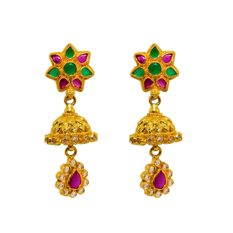 women's earrings geometric cutout -22K Yellow Gold Jhumki Earrings W/ Rubies, Emeralds, CZ Gems & Ornate Flower Designs