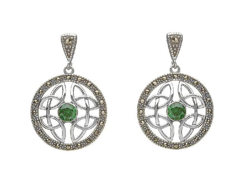 women's earrings ethically sourced -Sterling Silver Marcasite Green CZ Trinity Earrings - ANU2074