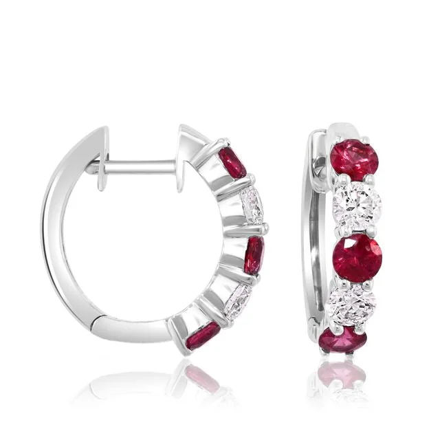 women's earrings unique ear crawler -14K White Gold Ruby and Diamond Hoop Earrings