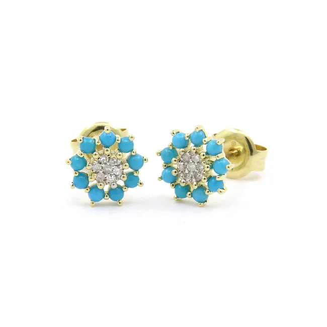 women's earrings infinity love design -Small Turquoise and Diamond Flower Earrings, 14K Yellow Gold