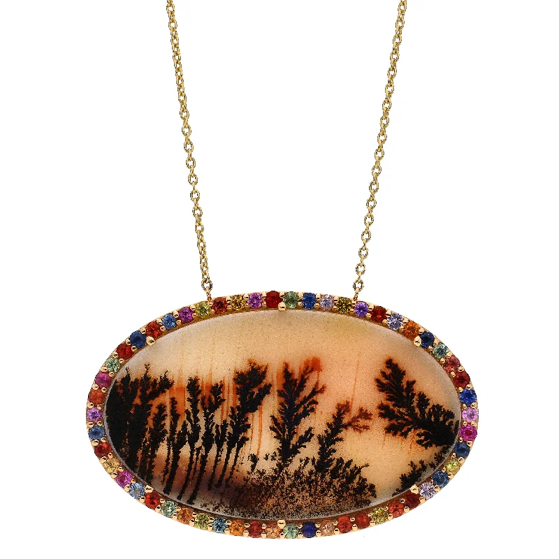 women's necklaces heart shape -14K Yellow Gold Custom Design One-Of-A-Kind Picture Agate w/Multi-Colored Sapphire Accent 18" Necklace