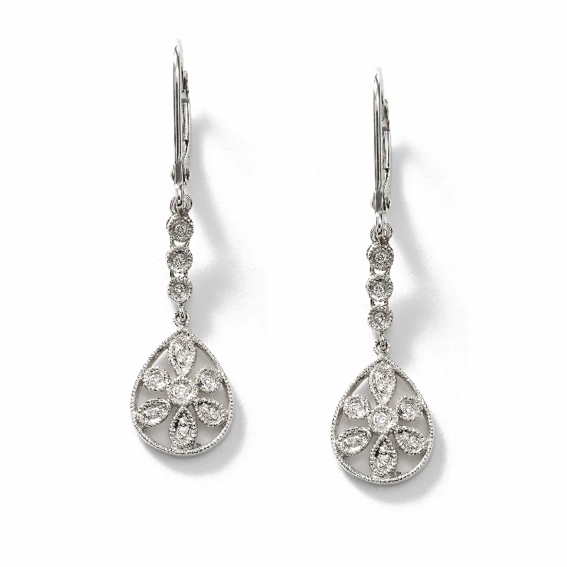 women's earrings platinum -Diamond Flower Dangle Earrings, 14K White Gold