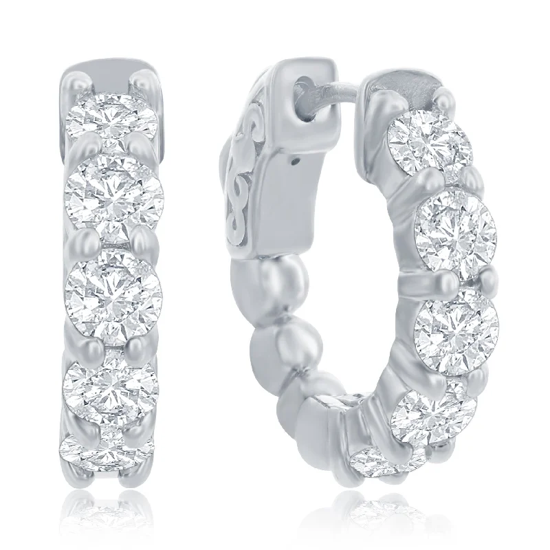 women's earrings butterfly charm -14K White Gold Huggie Hoop Earrings with 1.47ct Diamonds