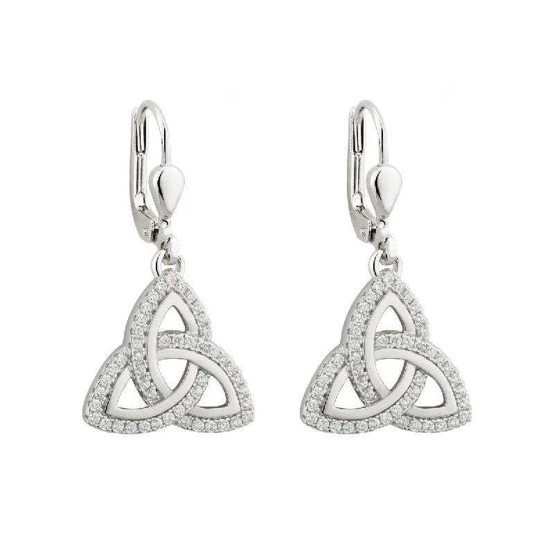 women's earrings tassel style -Sterling Silver Celtic CZ Trinity Knot Drop Earrings S33699