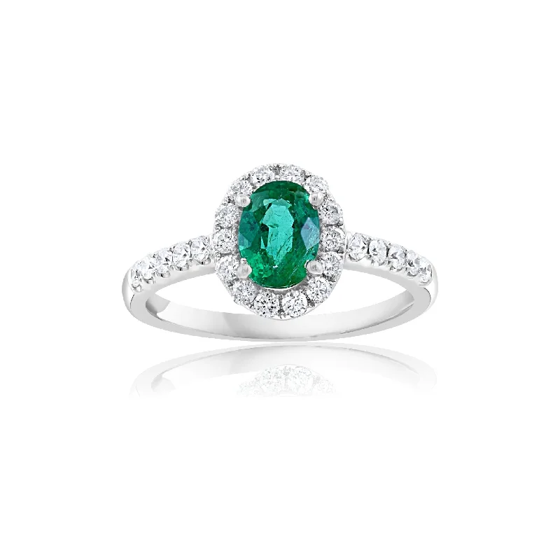 women's ring luxury celebrity style -14K White Gold Emerald & Diamond Halo Ring