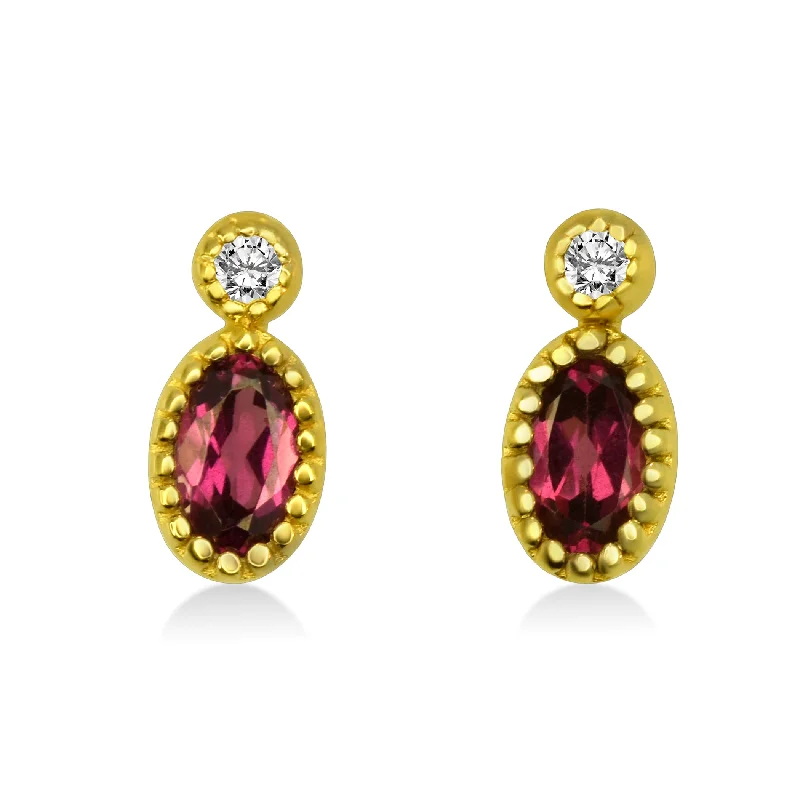 women's earrings vintage style -Oval Rhodolite and Diamond Earrings Set in 14K Yellow Gold