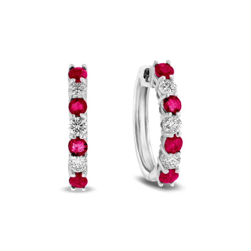 women's earrings glamorous evening wear -Ruby and Diamond Hoop Earrings, 14K White Gold